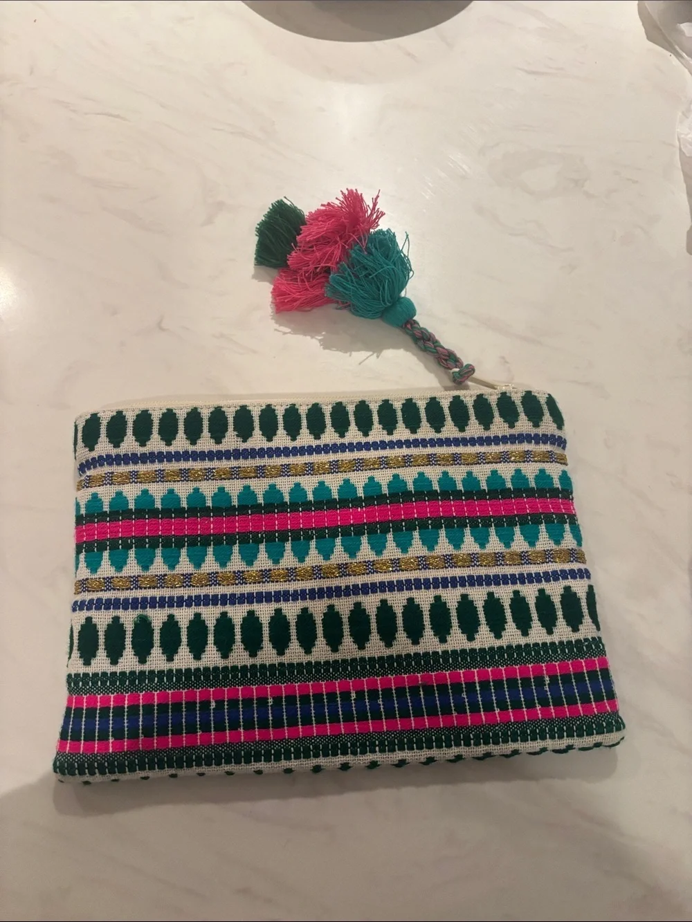Embroidered Tassel Zip Pouch in Green, Teal & Pink